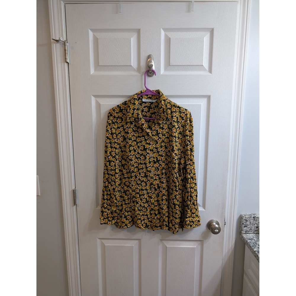 David Brooks Womens Floral Button Up Shirt Long Sleeve Black Yellow - Size 8